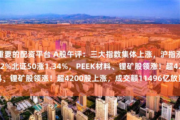 重要的配资平台 A股午评：三大指数集体上涨，沪指涨0.51%创业板指涨近2%北证50涨1.34%，PEEK材料、锂矿股领涨！超4200股上涨，成交额11496亿放量563亿